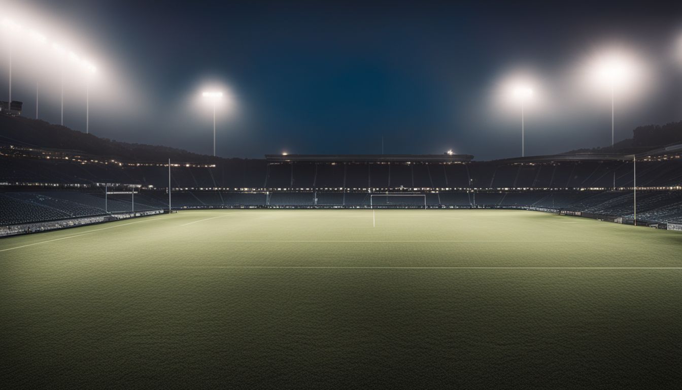 An empty stadium at dusk with the field lights turned on.