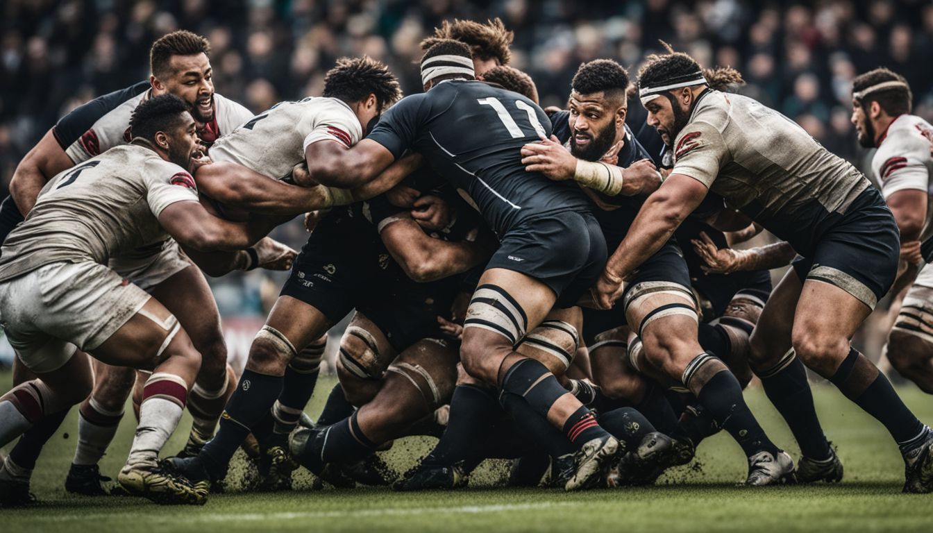 Two rugby teams engage in a scrum during a match.