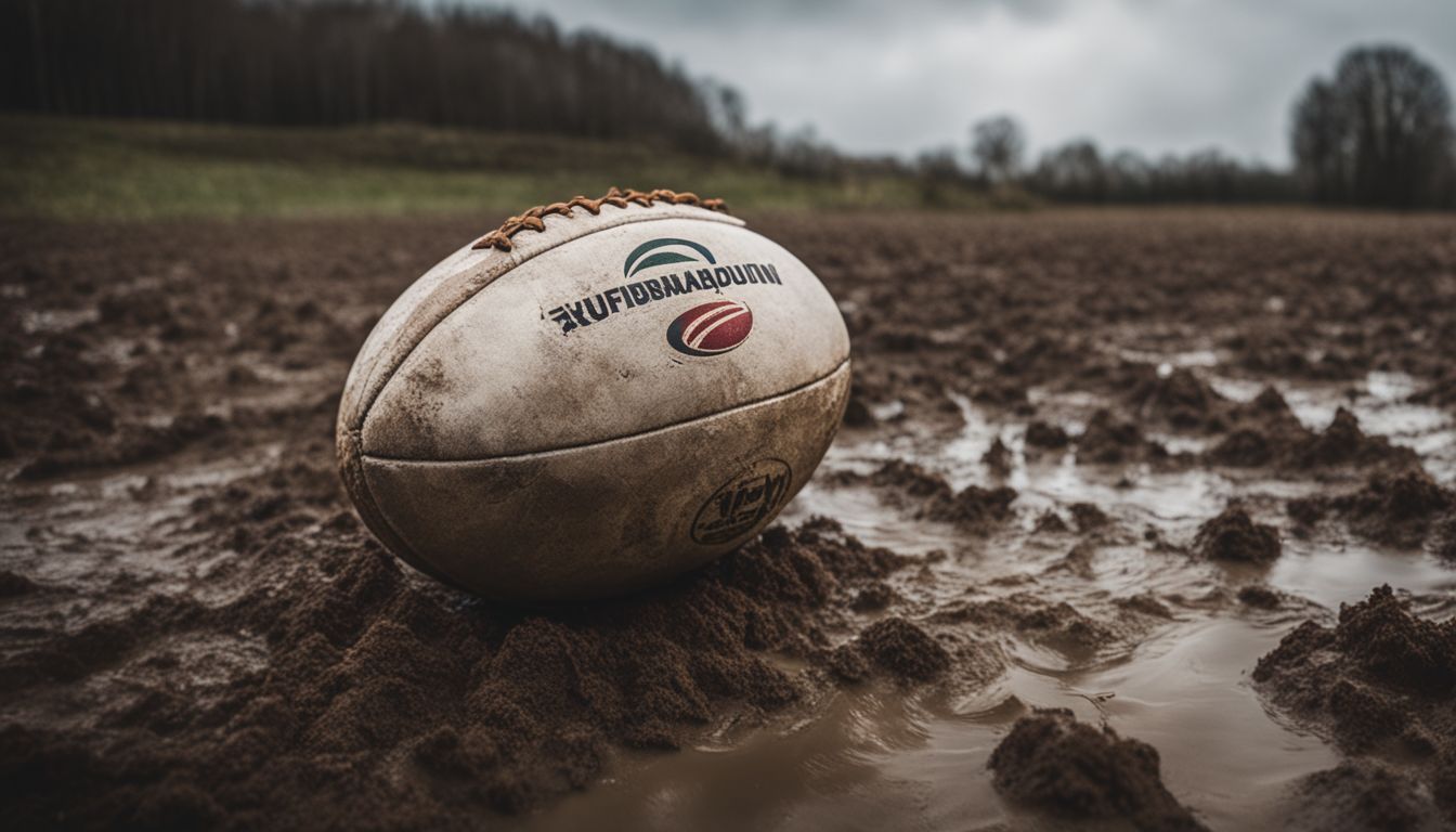 A muddy rugby ball rests on a wet field.