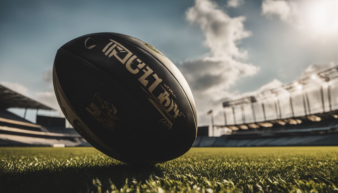 A rugby ball on a field with stadium seats in the background and a clear sky above.