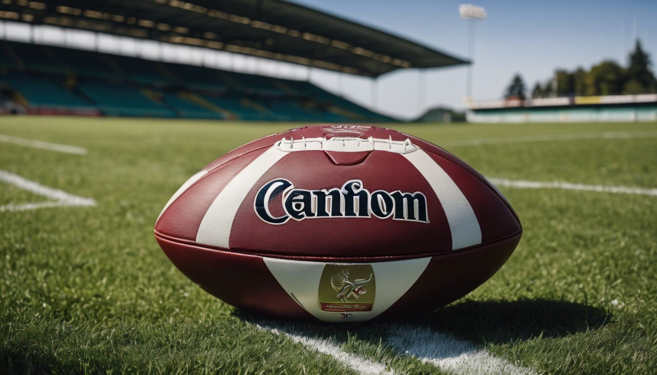 Close-up of a rugby ball on a grass field with stadium seating in the background.