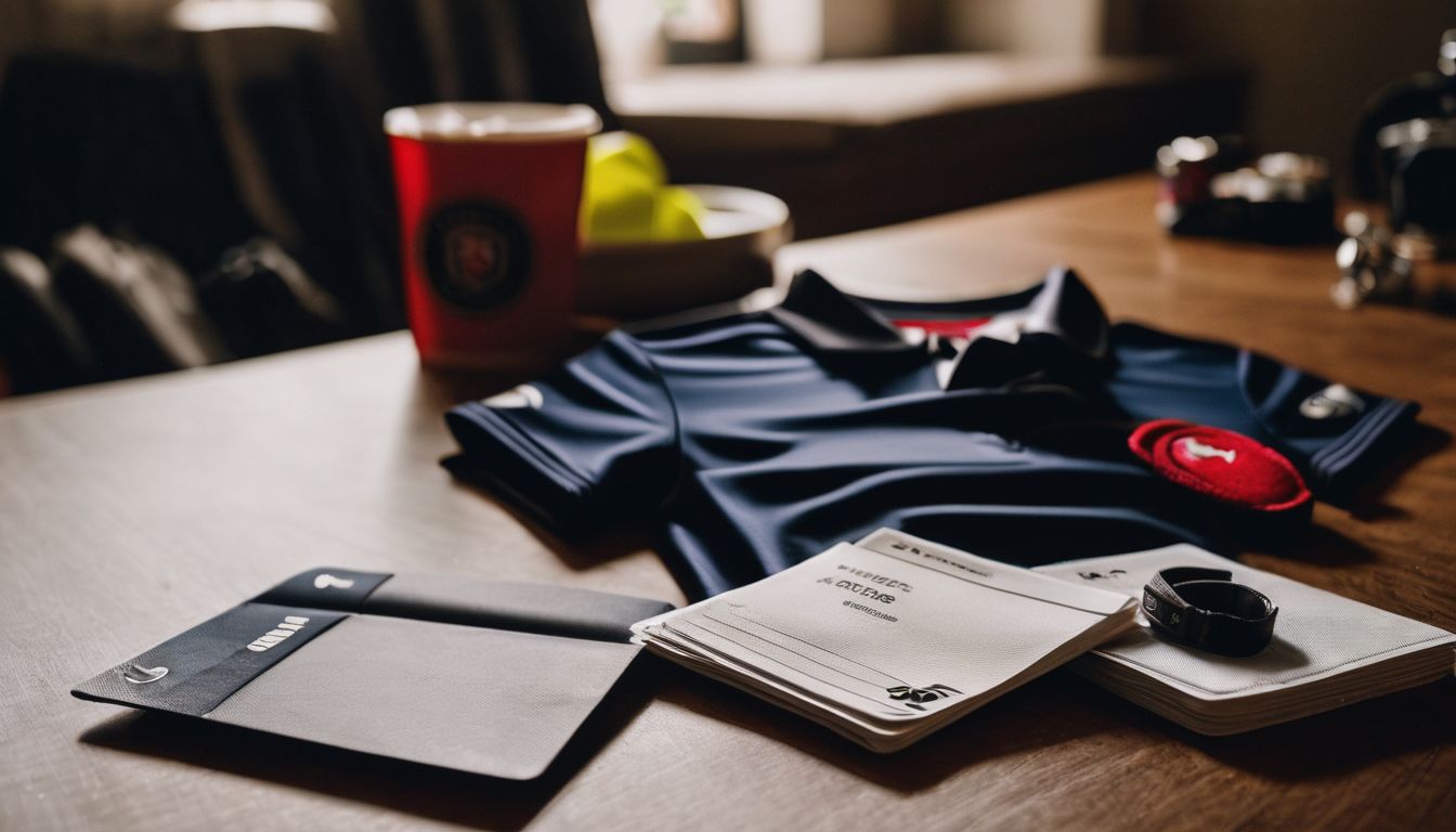 A sports jersey, notebook, passport, wristwatch, and a travel cup laid out on a wooden surface.