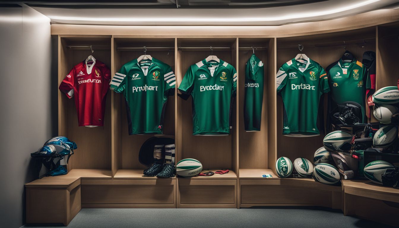 A well-organized sports locker room with rugby jerseys, balls, and gear on display.