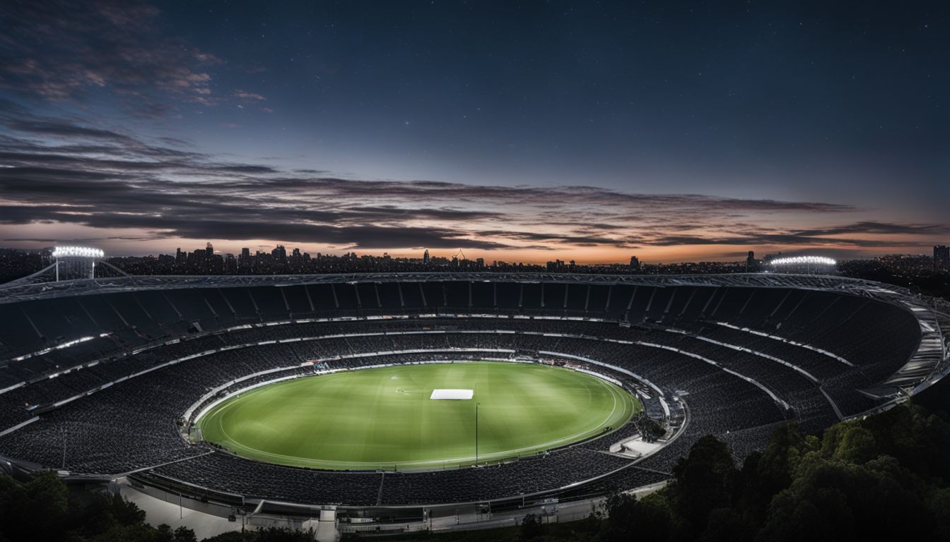 Twilight over an empty stadium with the city skyline in the background.