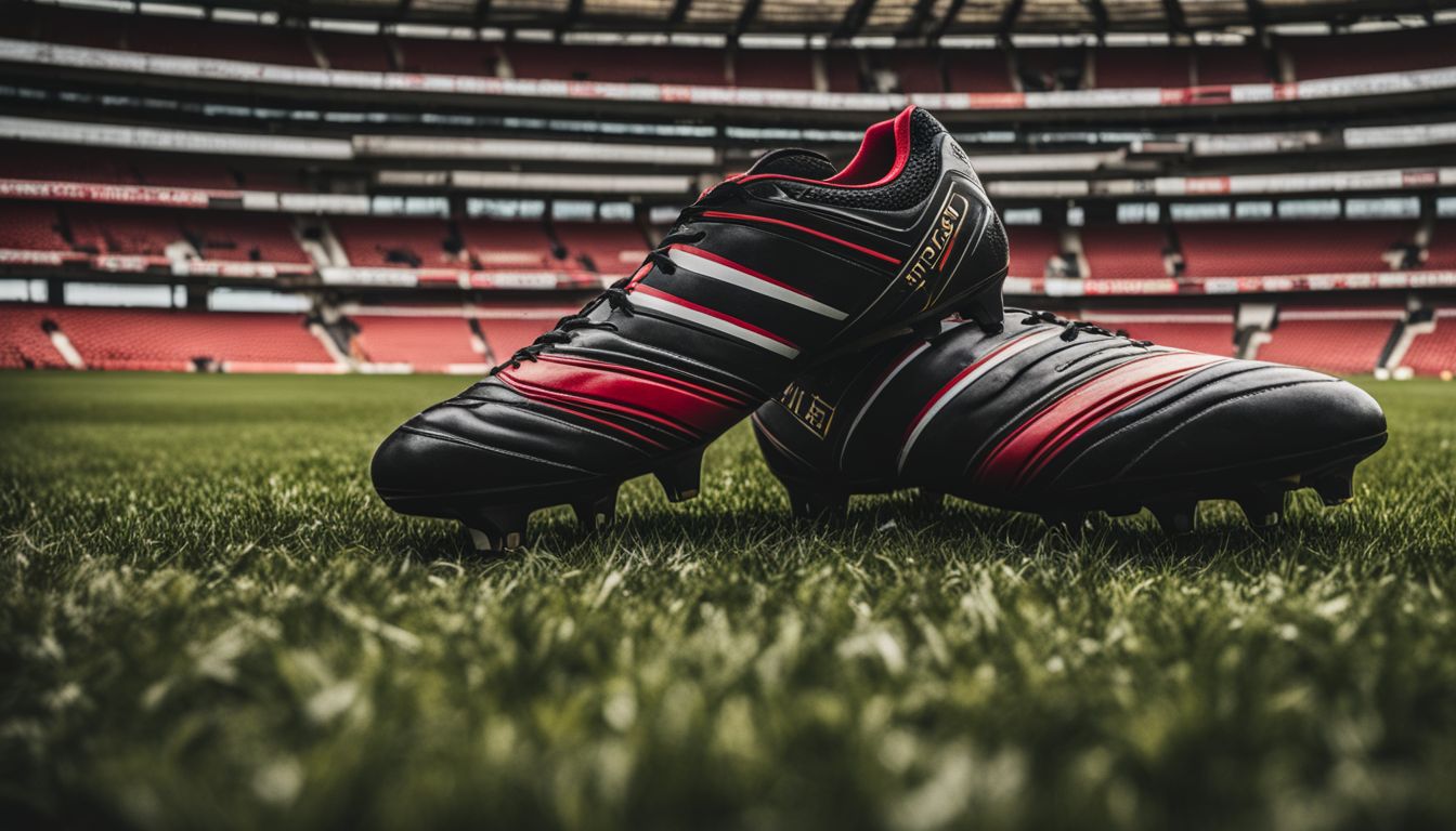A pair of black and red soccer cleats on a grass field with a stadium in the background.