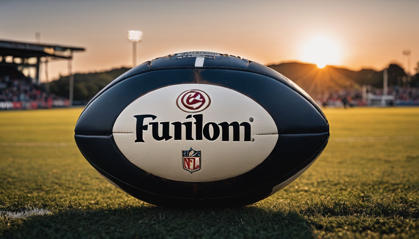 A rugby ball emblazoned with branding positioned on a field at sunset.