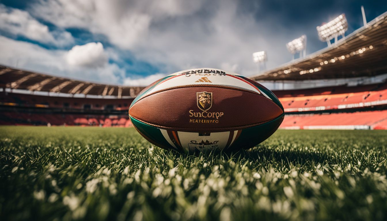 A rugby ball on the grass with an empty stadium in the background.
