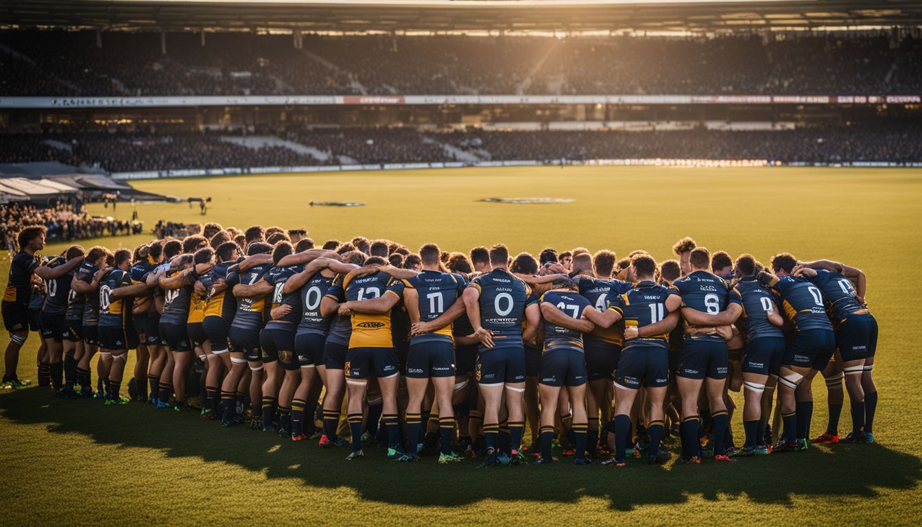Two rugby teams standing together in a moment of unity on the field against the backdrop of a stadium with setting sun.