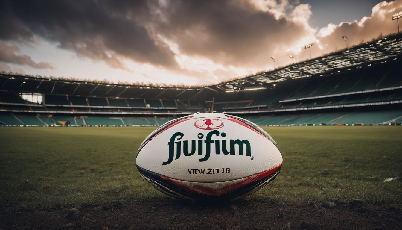 Rugby ball on the grass in an empty stadium with dramatic lighting.