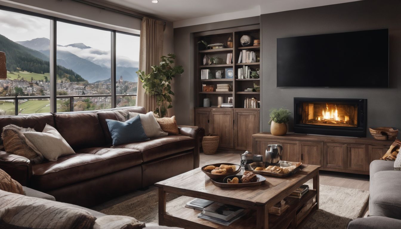 Cozy living room with a fireplace, leather sofa, and a mountain view.