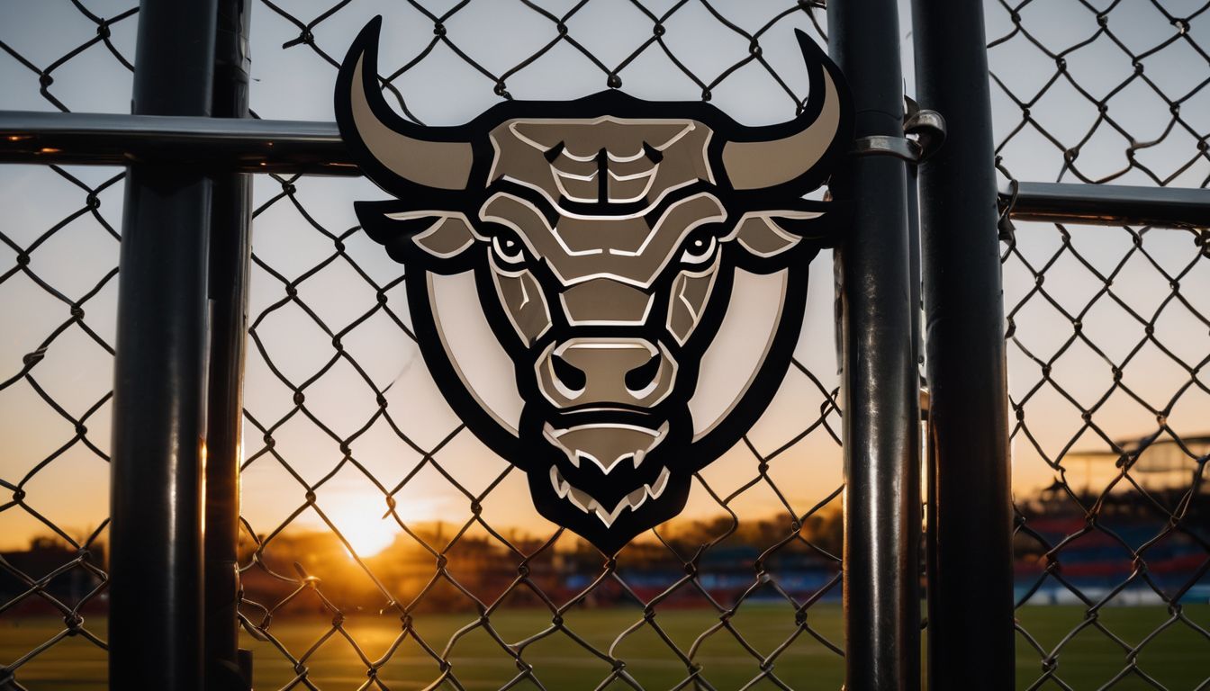 A bull mascot logo on a fence silhouetted against a sunset sky.