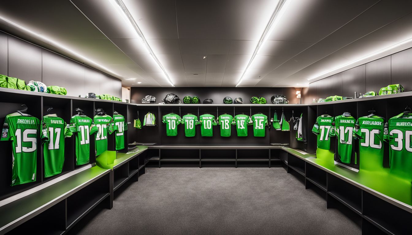 A modern and tidy sports locker room with green jerseys on display.