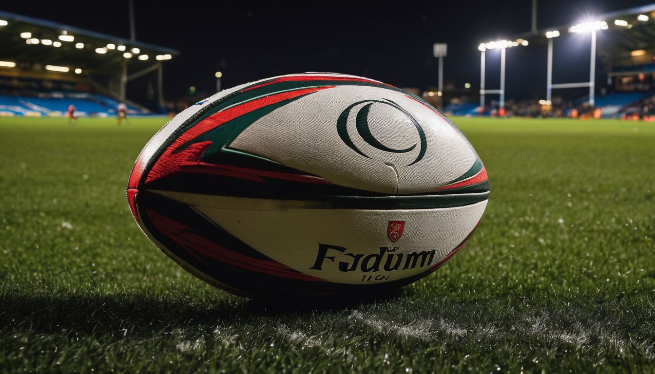A rugby ball on grass at night with stadium lights in the background.