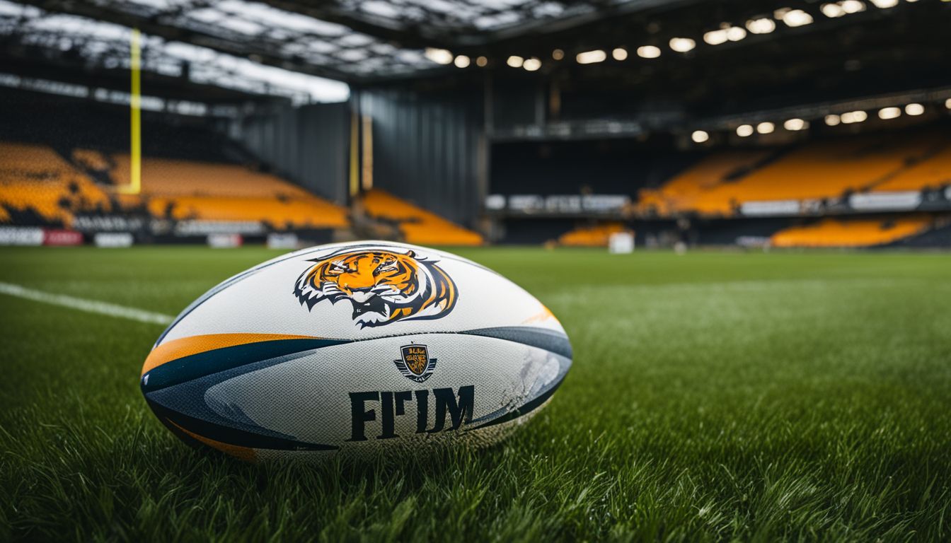 Rugby ball with team emblem on the field of a stadium with goalposts in the background.