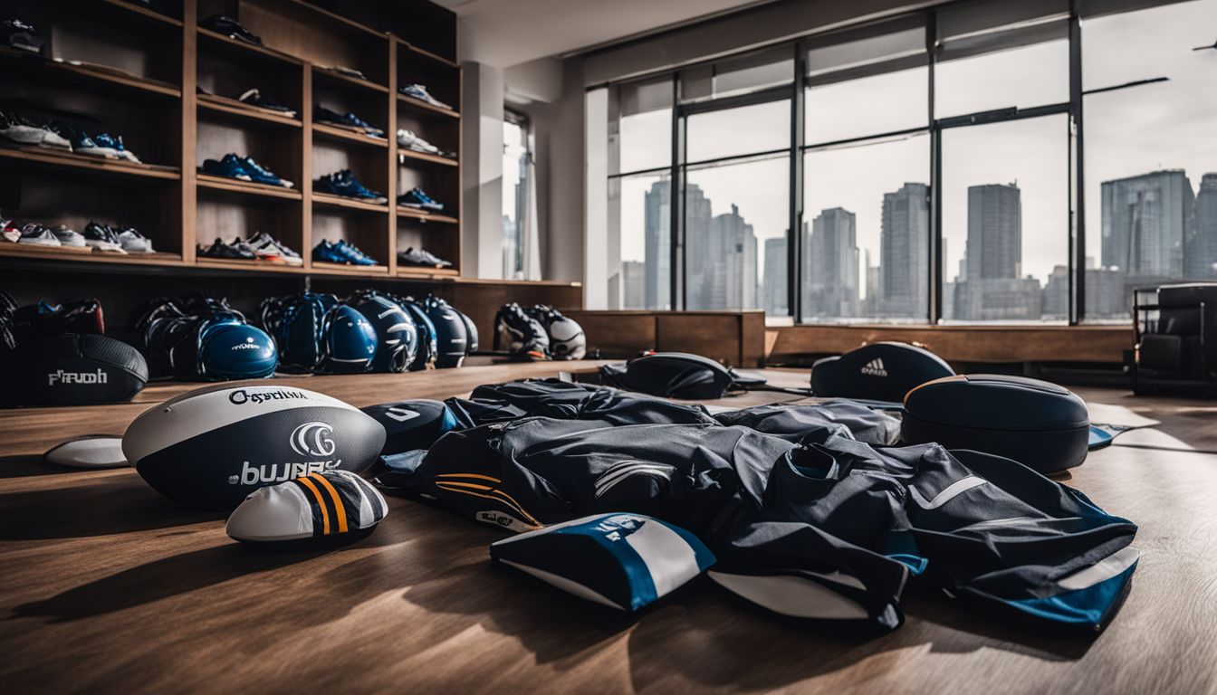 Sports equipment and gear laid out in a locker room with a cityscape visible through the windows.