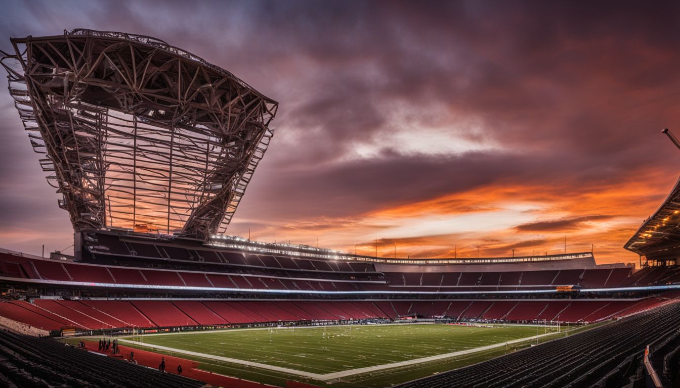 Sunset over an empty football stadium with dramatic clouds in the sky.