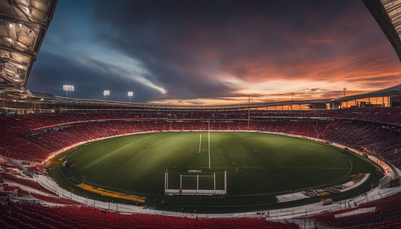 Stadium at dusk with lights on during a soccer match under a dramatic sky.