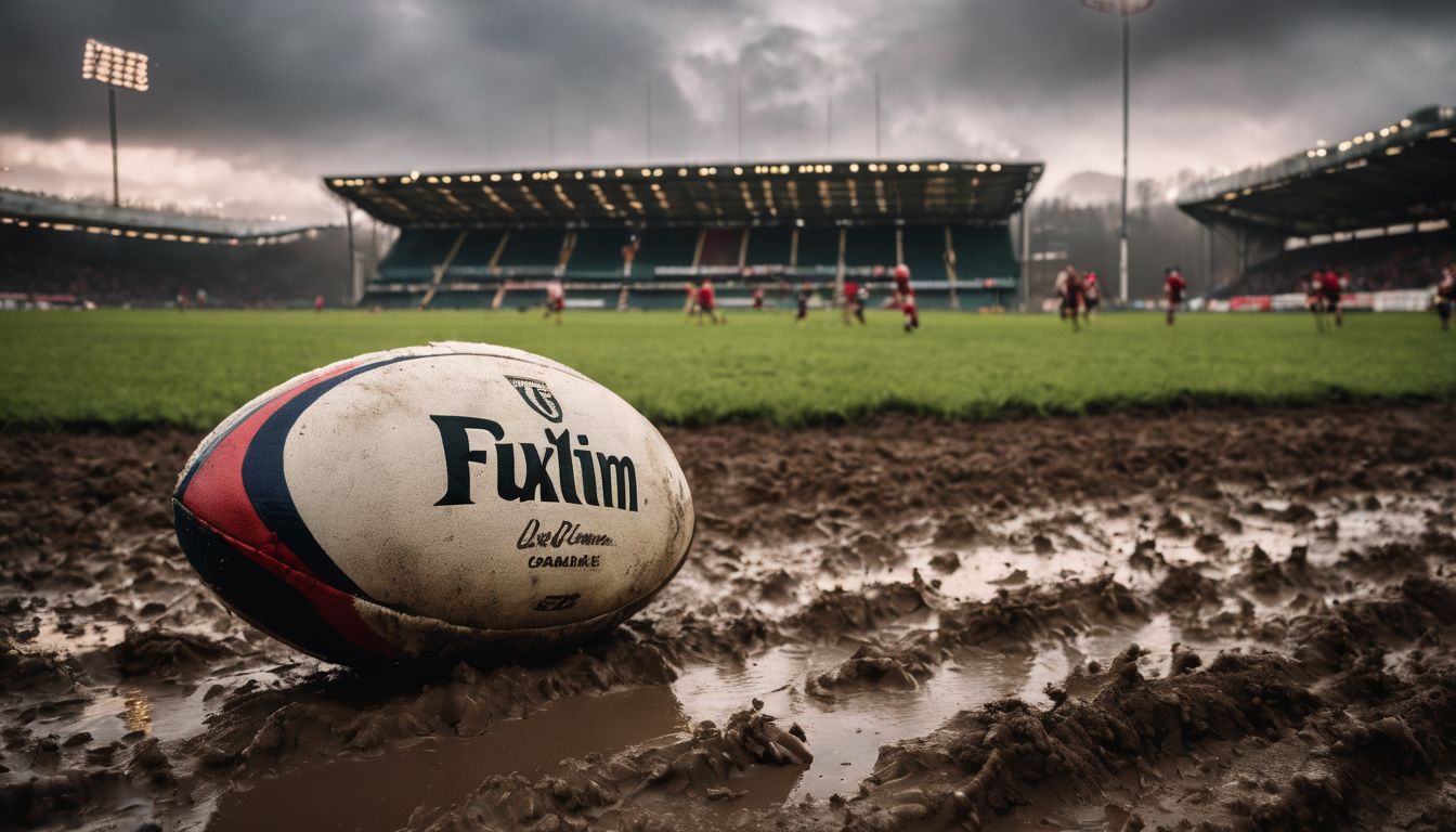 Rugby ball on a muddy field with a match in progress in the background.