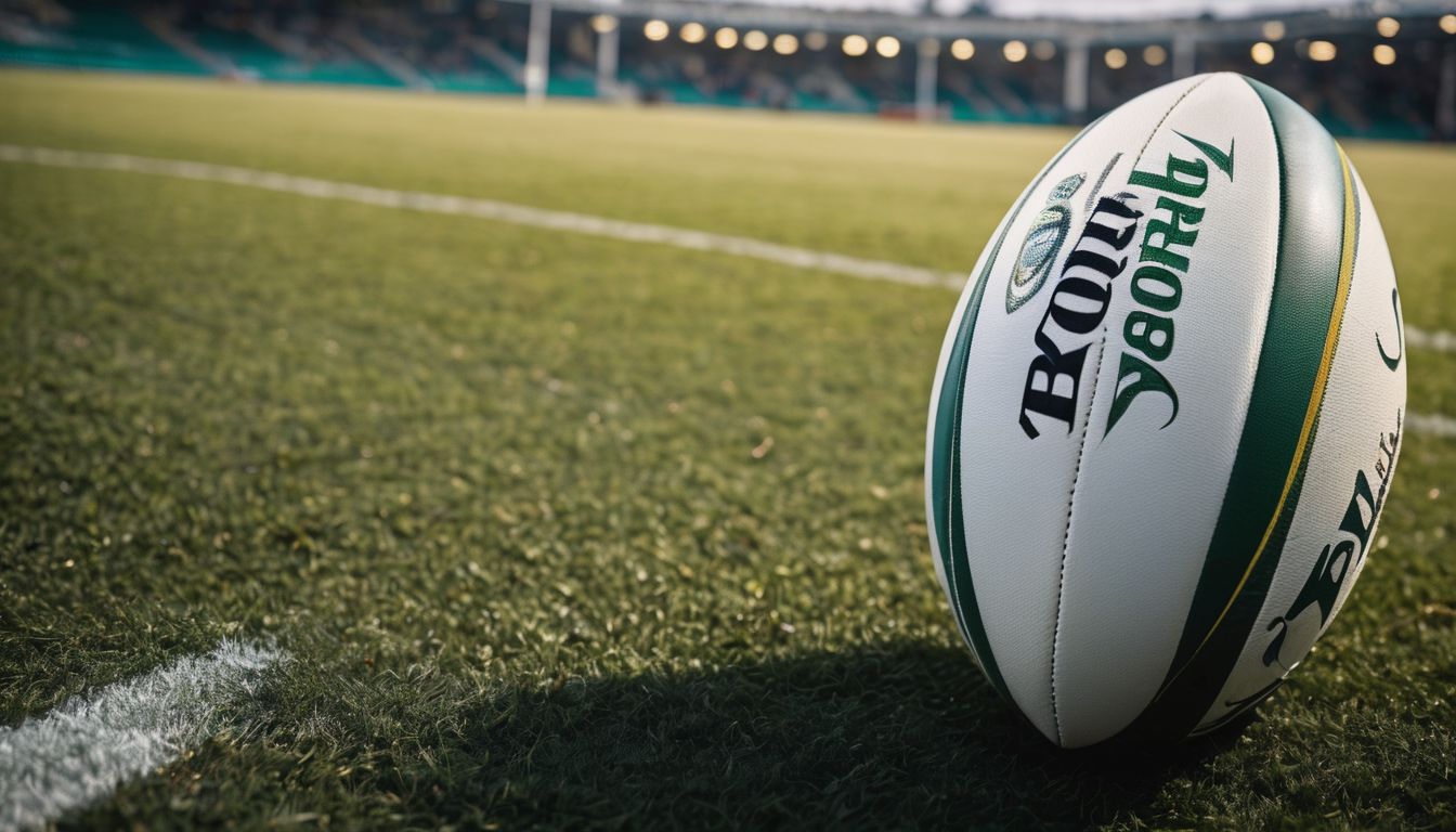 A rugby ball on the grass near the sideline of a rugby pitch.