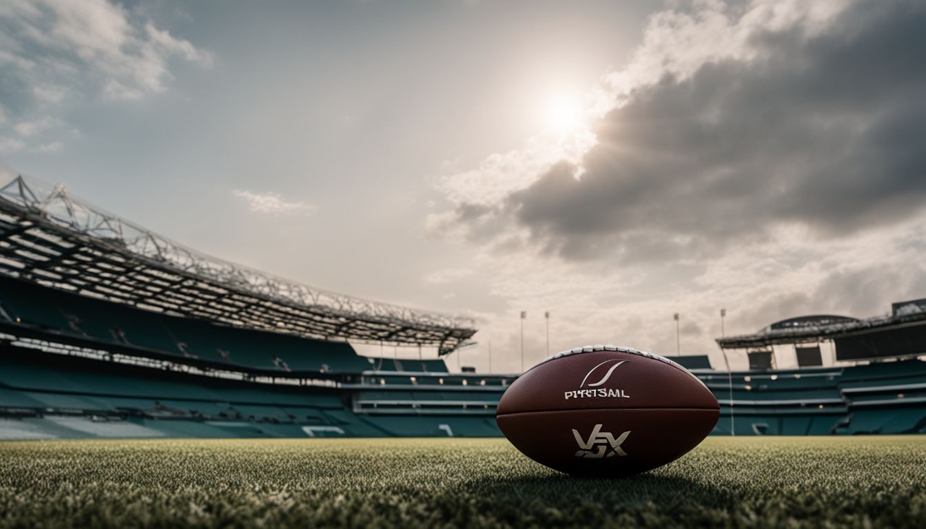 A rugby ball on a lush green field with stadium seats and cloudy skies in the background.
