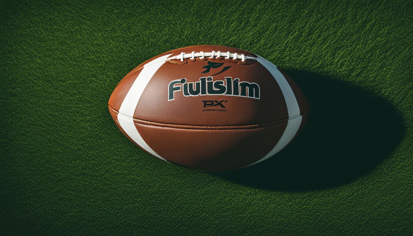 A football with the logo "futslim" resting on a textured green surface resembling a football field.