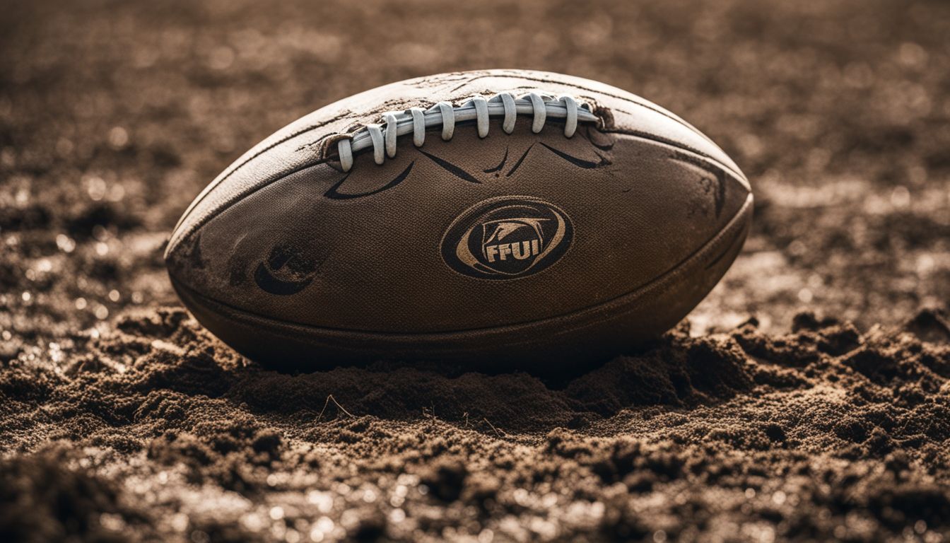 An american football resting on a dirt ground.