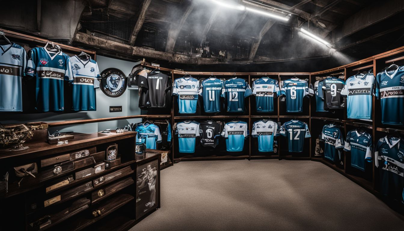 Locker room with blue sports jerseys on hangers and wooden lockers.
