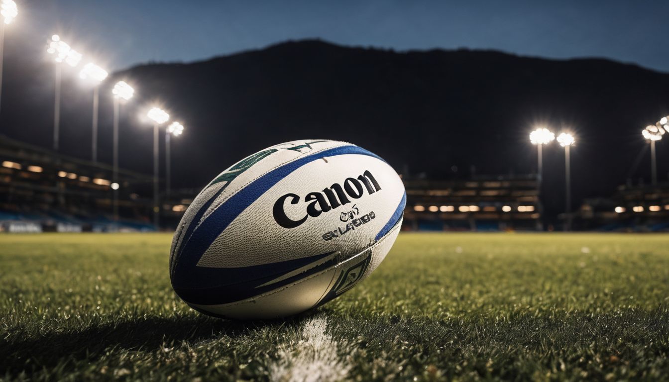A rugby ball on a field with stadium lights shining in the background at dusk.