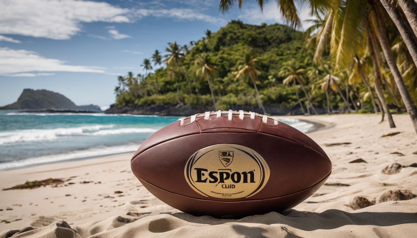 An american football on a sandy beach with a tropical backdrop.