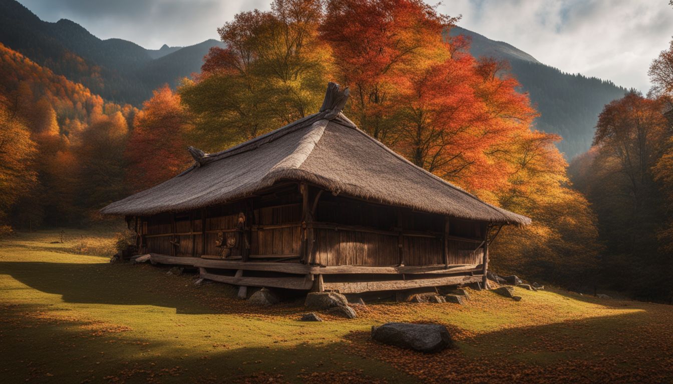 Traditional wooden house amid autumn foliage with mountain backdrop.