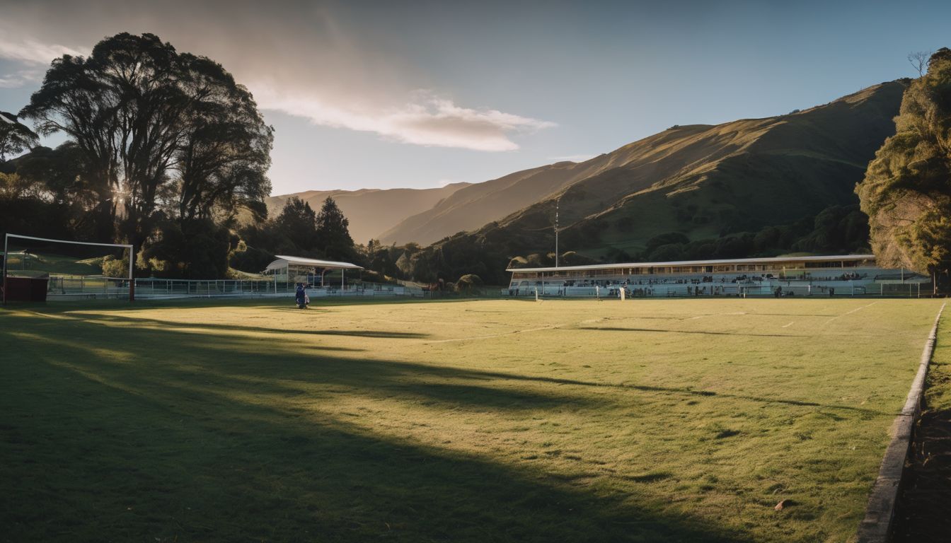 A peaceful cricket ground nestled in a valley at sunset with a lone player on the field and spectators in the distance.
