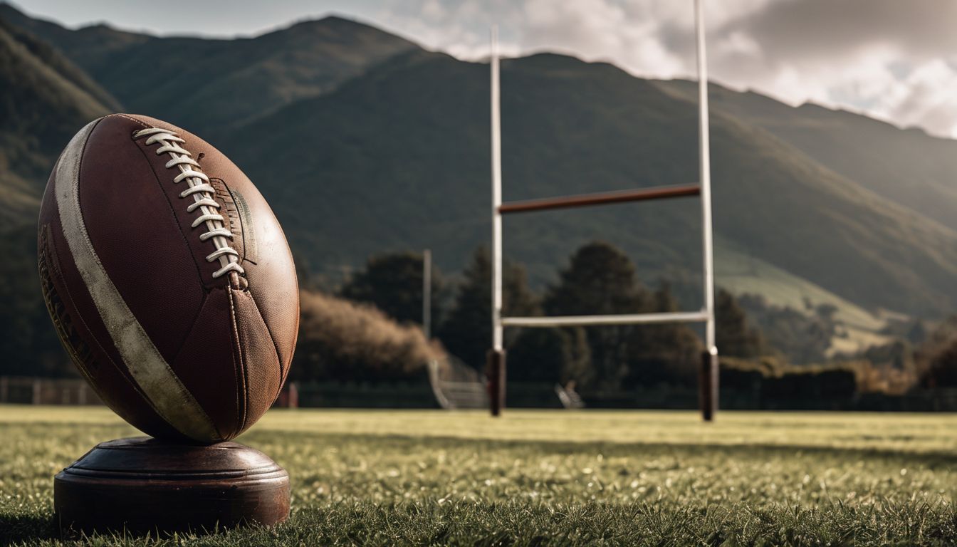 Rugby ball on a kicking tee with goal posts in the background on a field with mountains beyond.