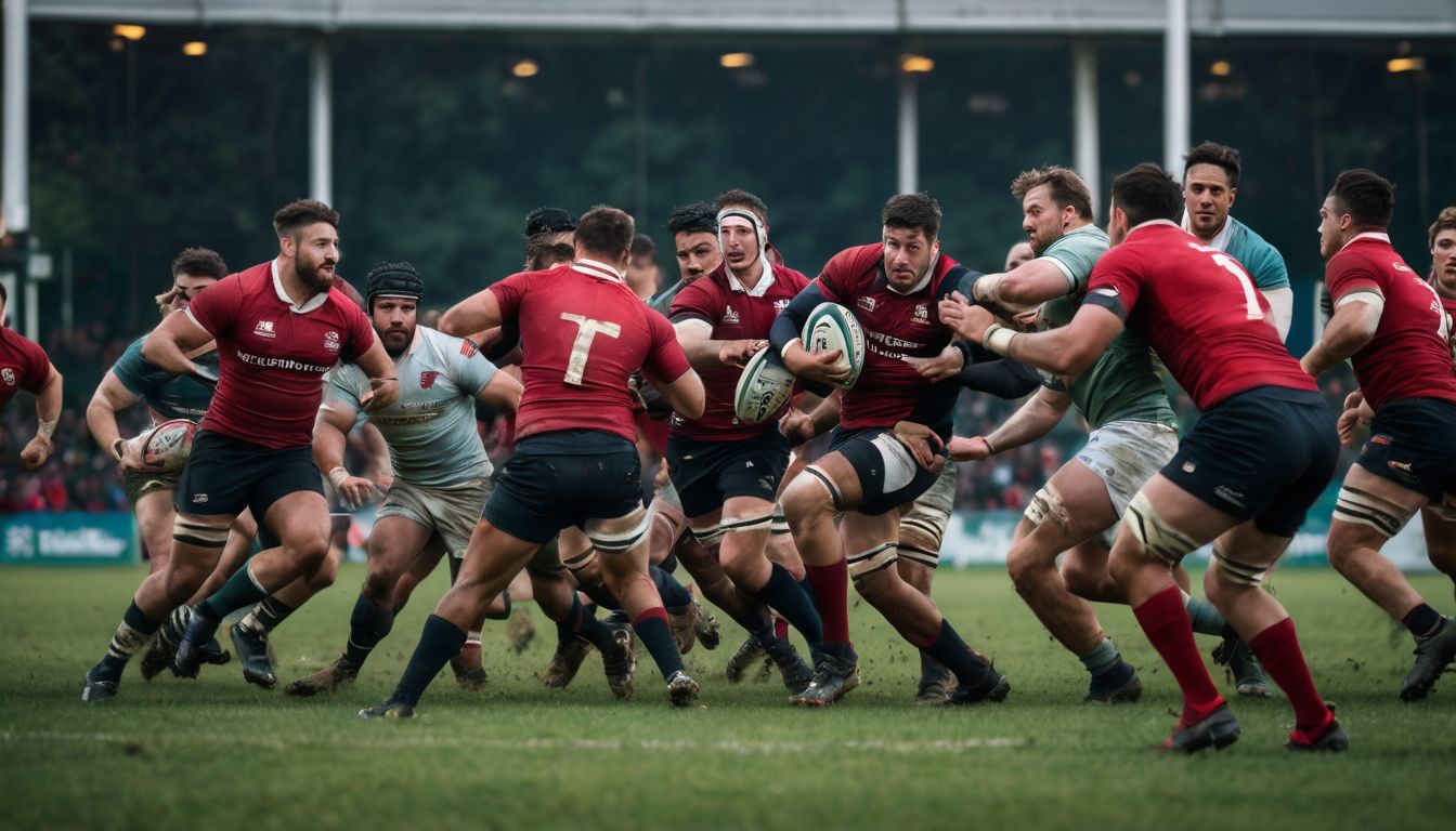 Rugby players charging forward during a tense match.