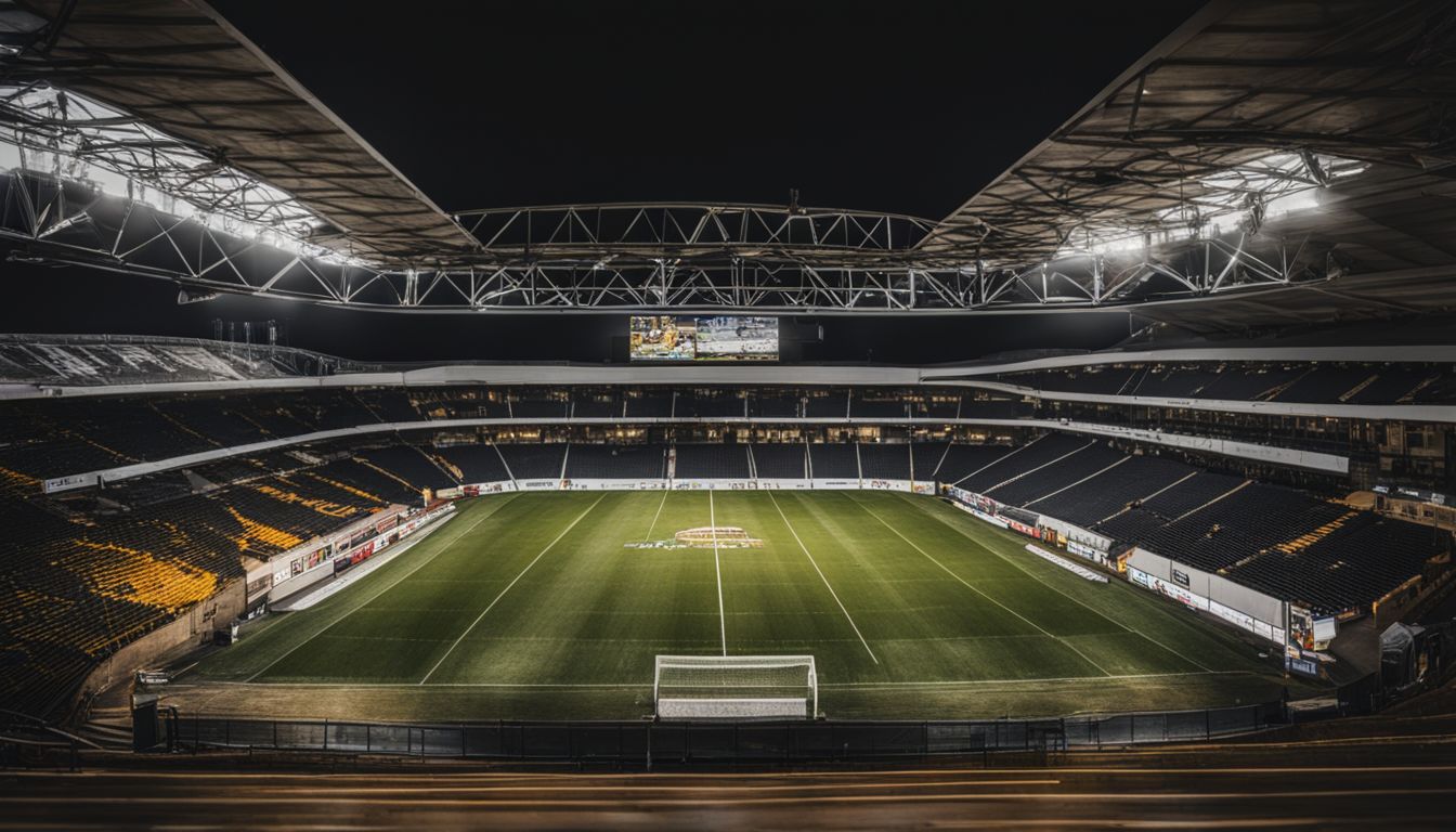 An empty soccer stadium at night illuminated by floodlights.