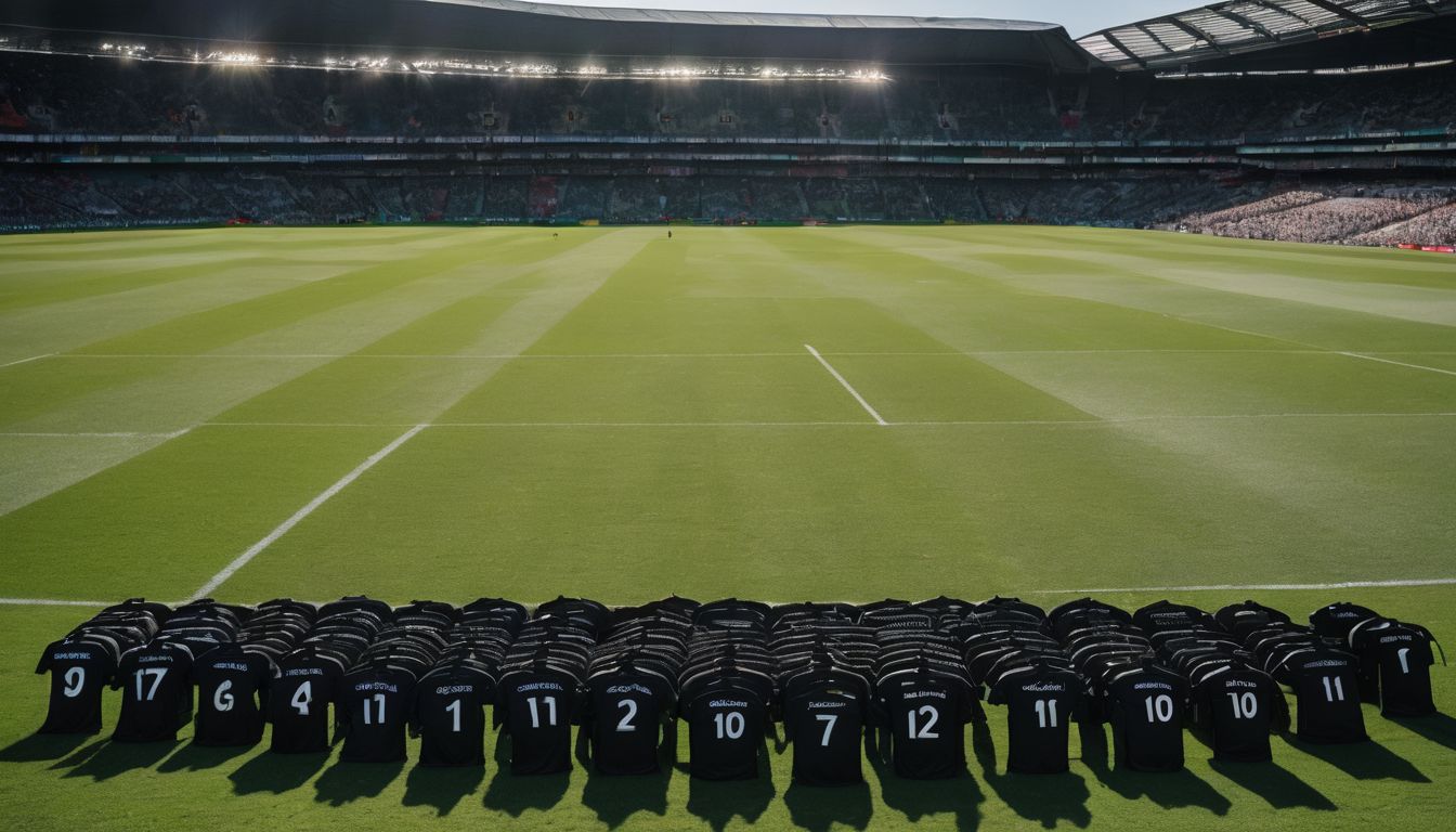 A row of black jerseys with white numbers lined up on a soccer field in a large stadium.