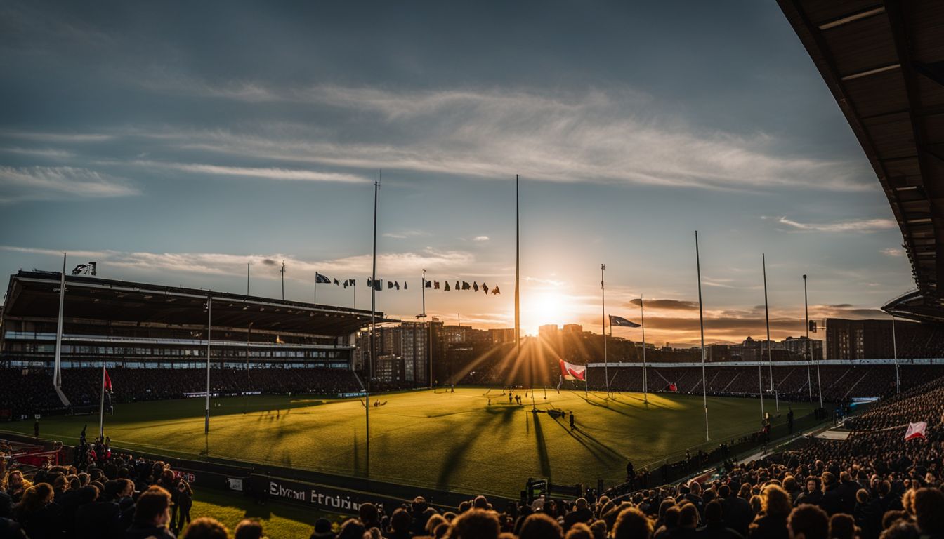 Sunset over a rugby stadium with spectators and flags fluttering in the wind.