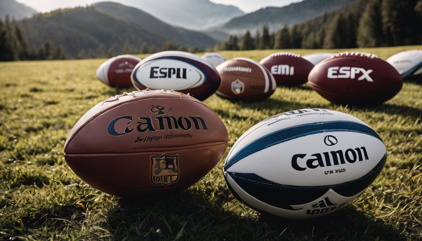Various rugby balls with sponsor logos on a grass field with mountains in the background.