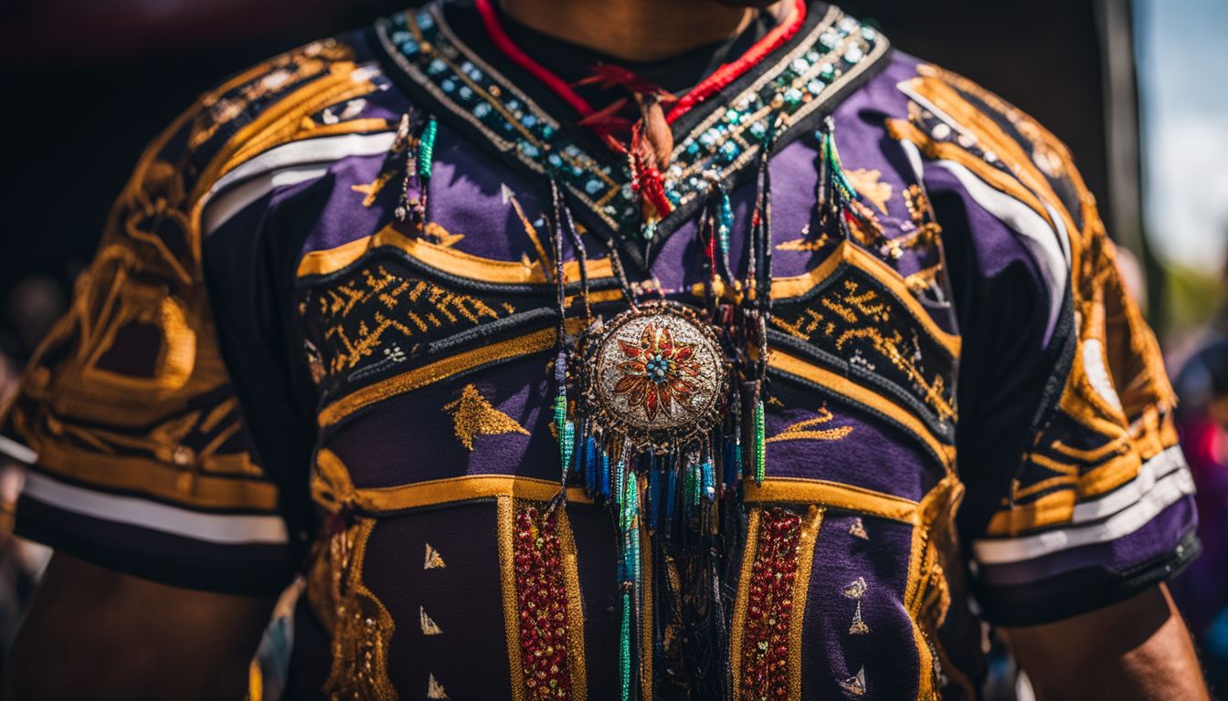 Close-up of a person wearing a colorful traditional garment with ornate beadwork and patterns.