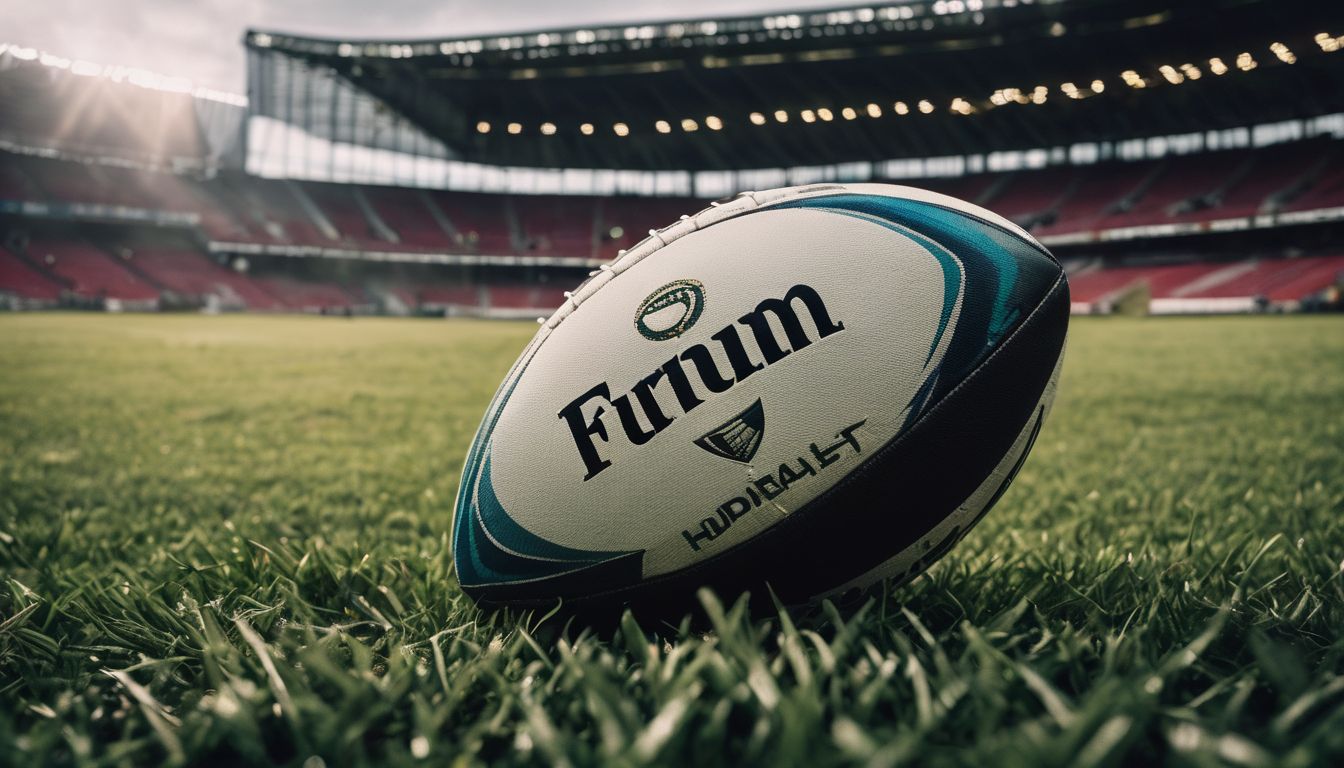 A rugby ball on the grass inside a stadium.