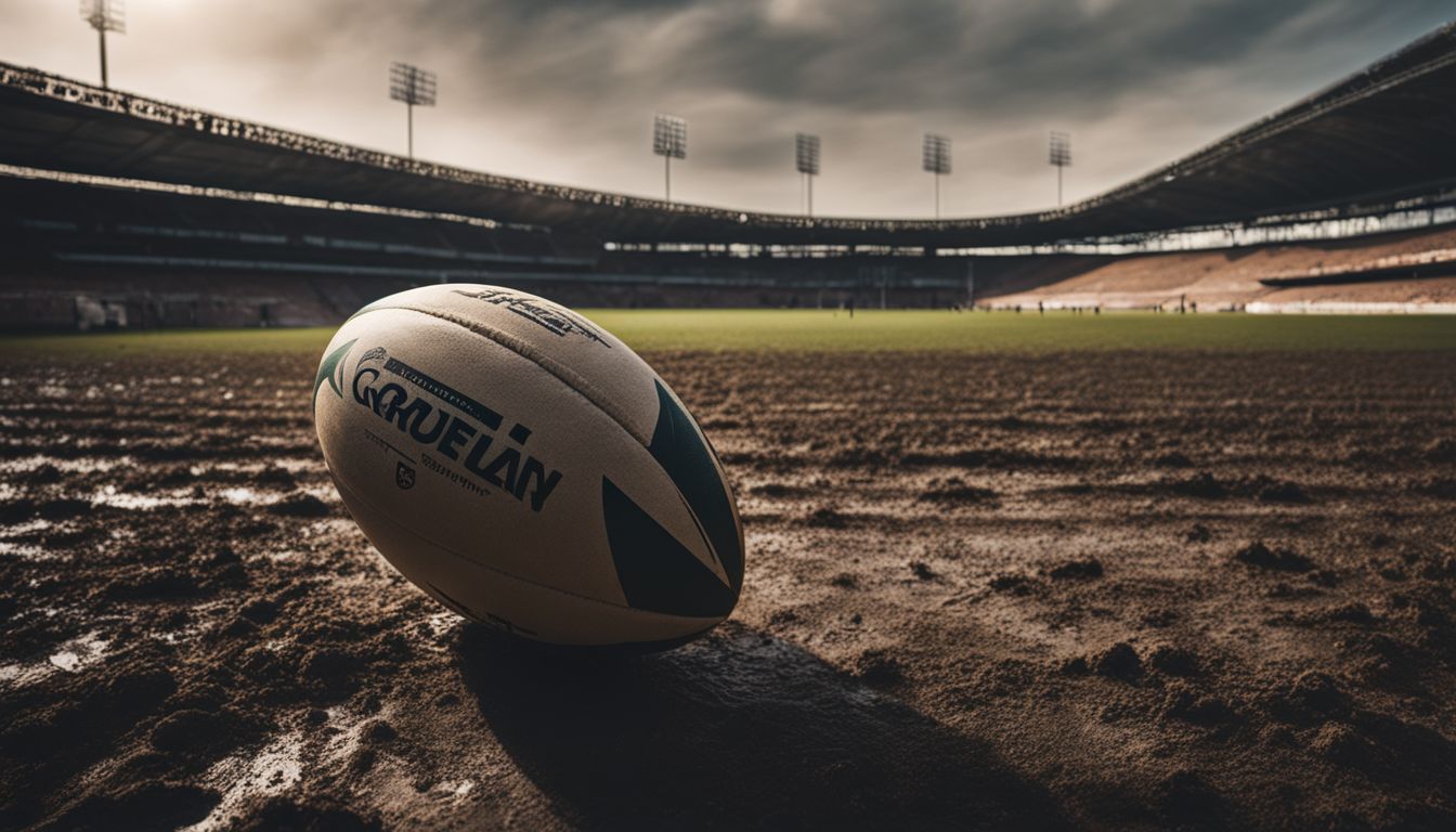 A rugby ball on a muddy field with an empty stadium in the background.