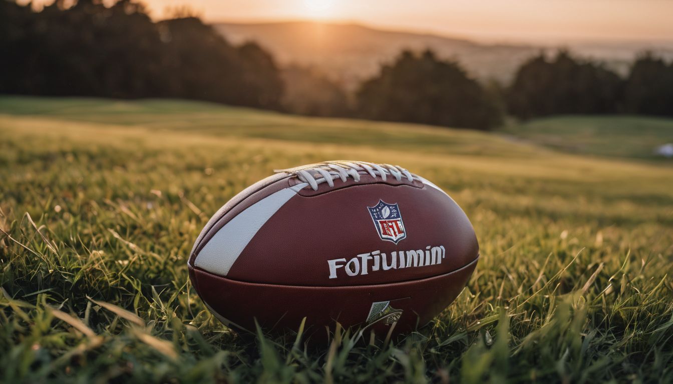 An american football on grass at sunset.