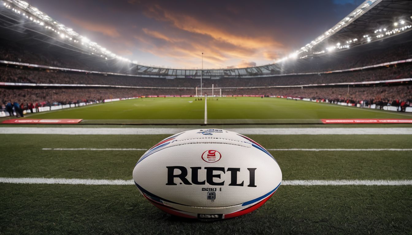 Rugby ball on the pitch with a packed stadium and dramatic sunset in the background.