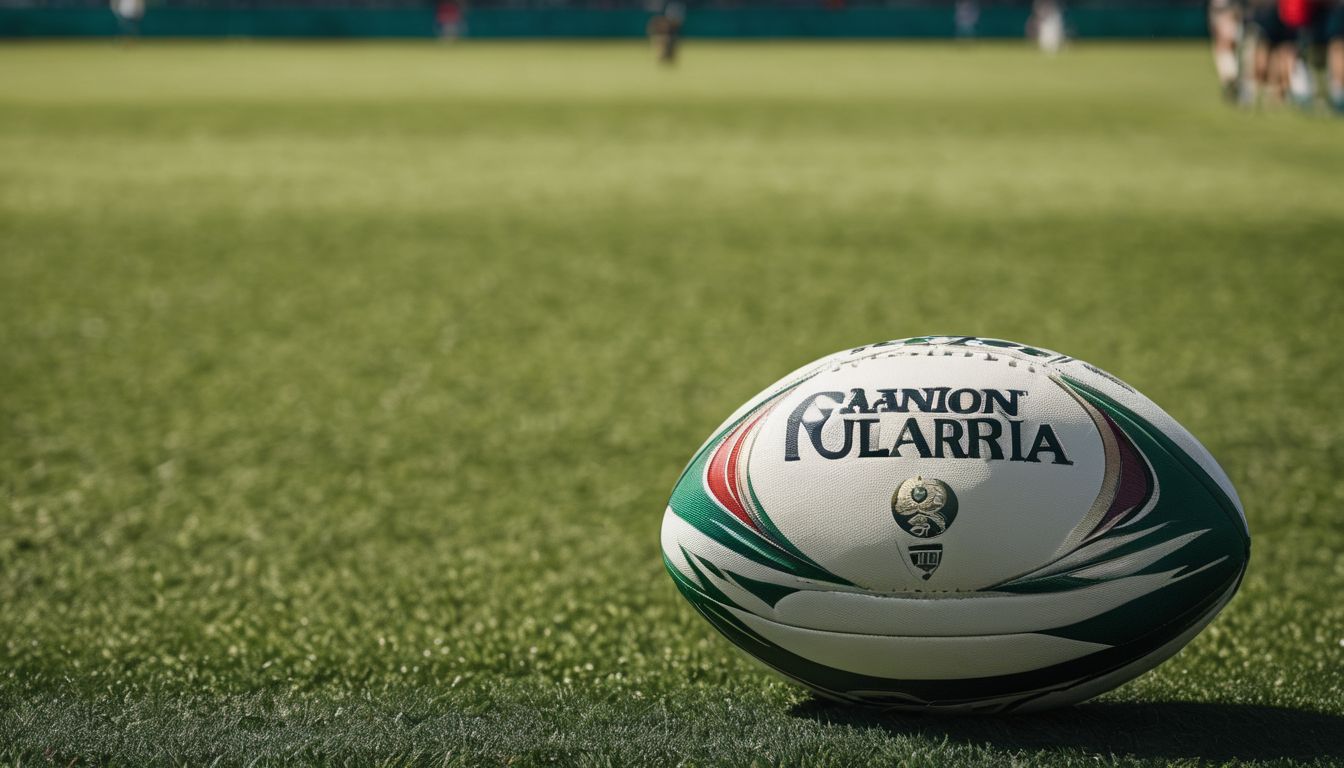 Rugby ball on grass with players in the background.