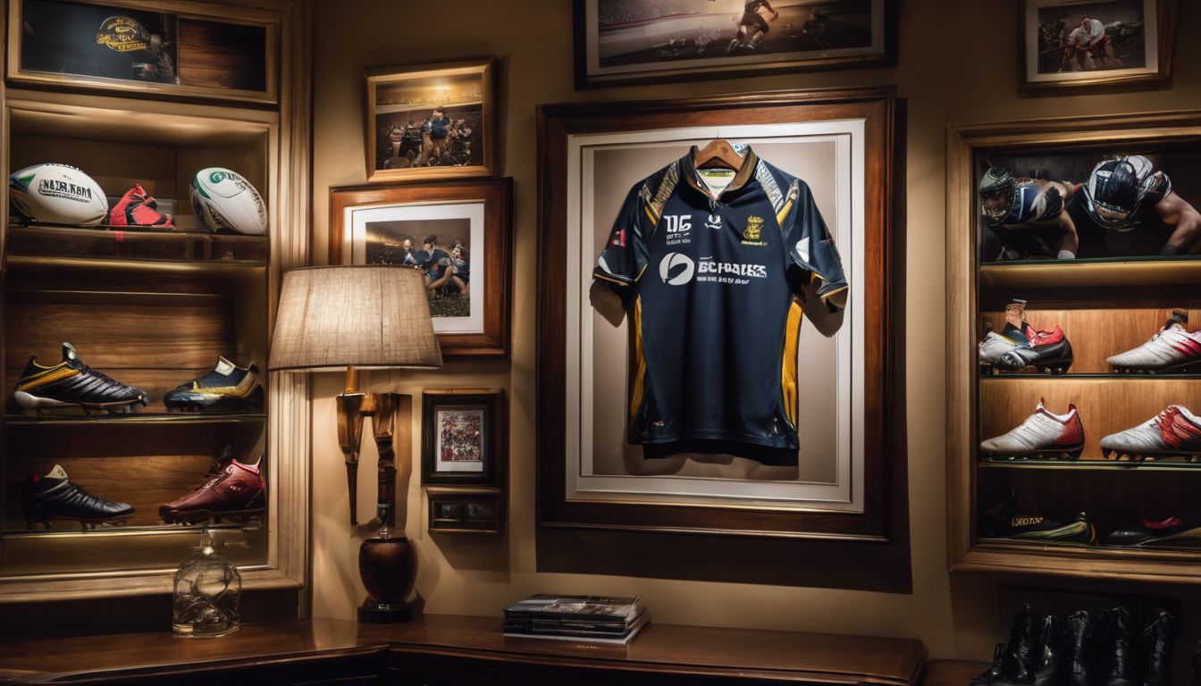 A sports memorabilia room with framed jerseys, photographs, shoes, and balls displayed under warm lighting.