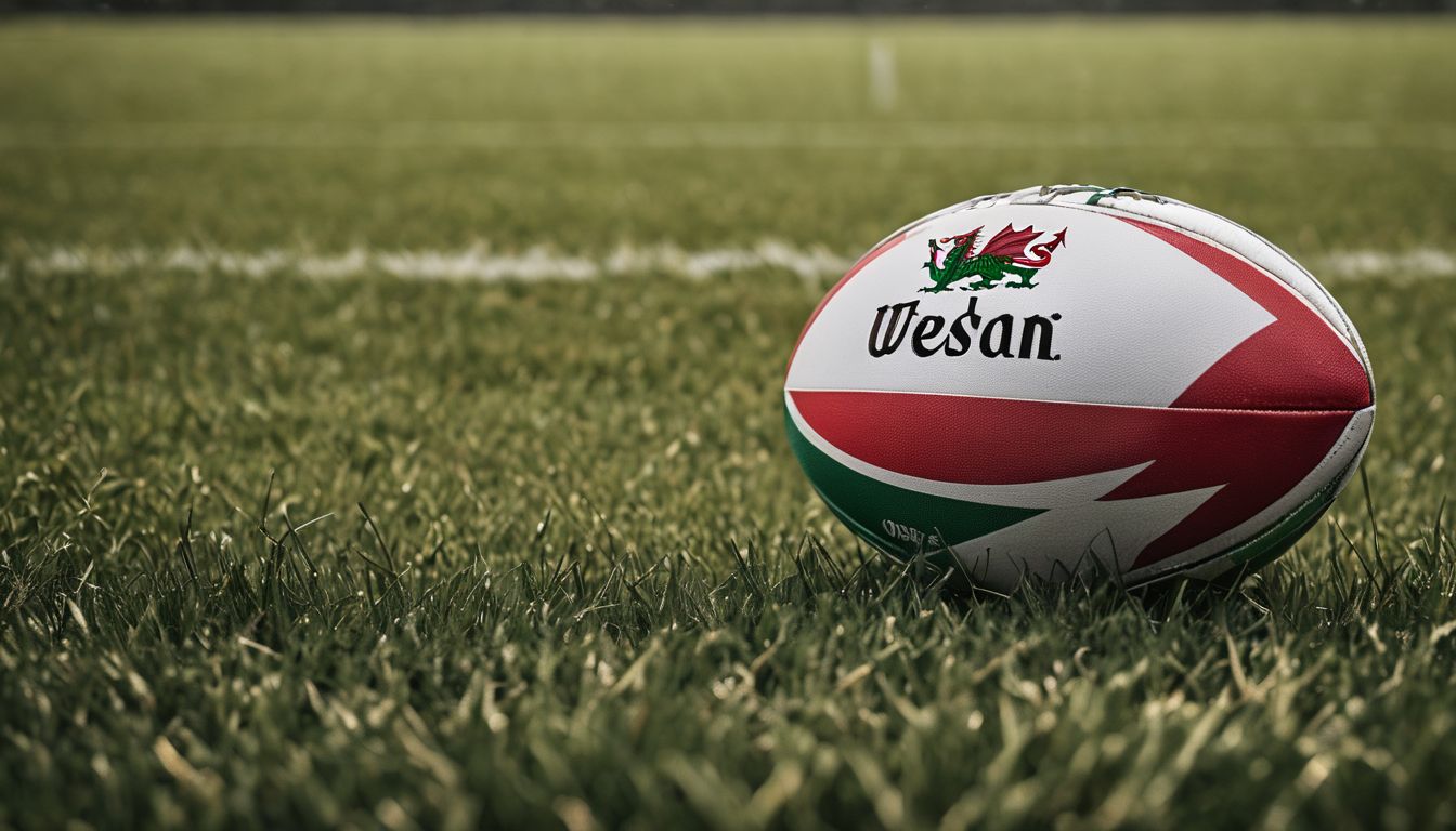 A rugby ball with the welsh dragon emblem on the grass.