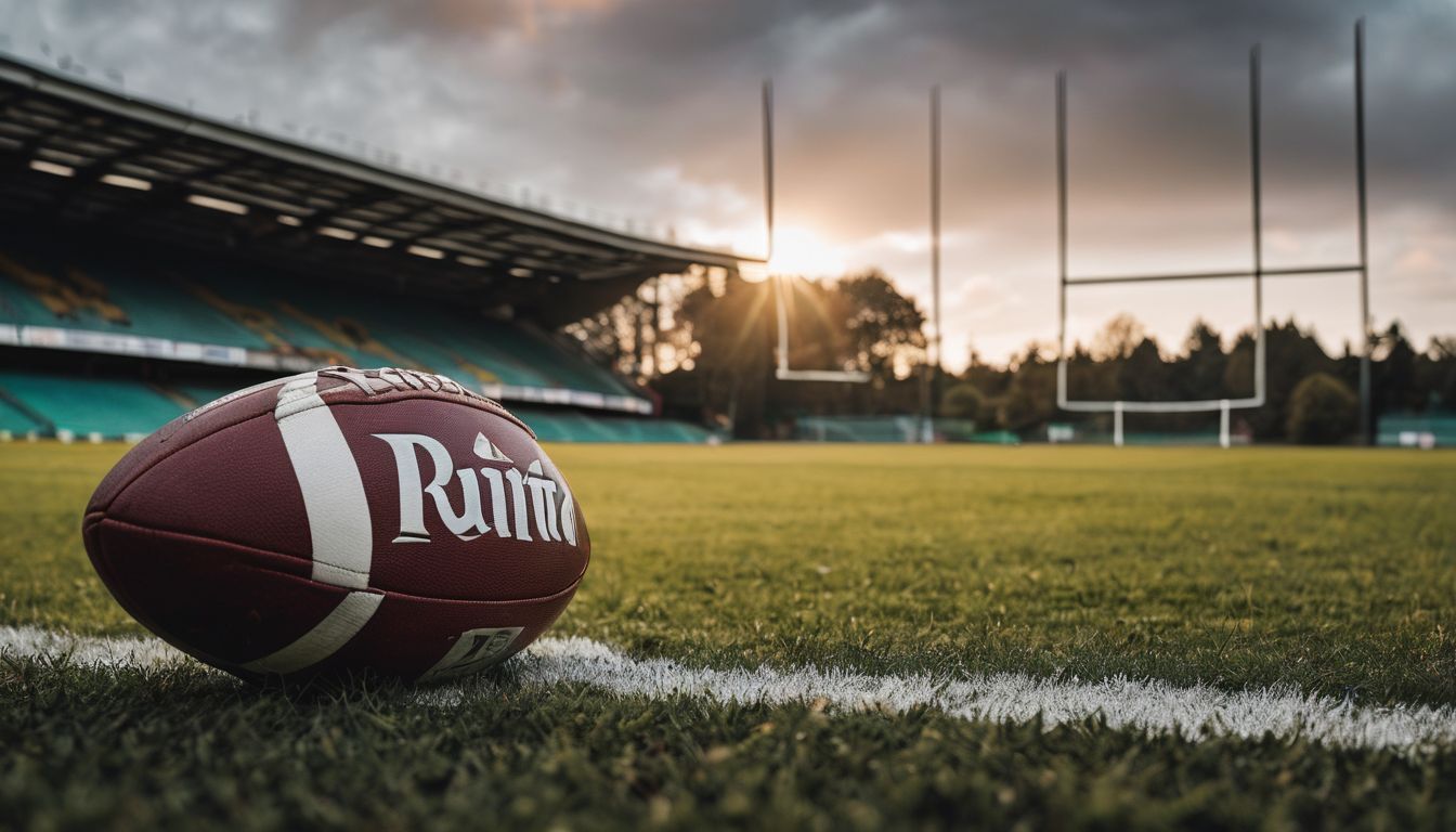 An american football resting on a grass field with goal posts in the background during sunset.