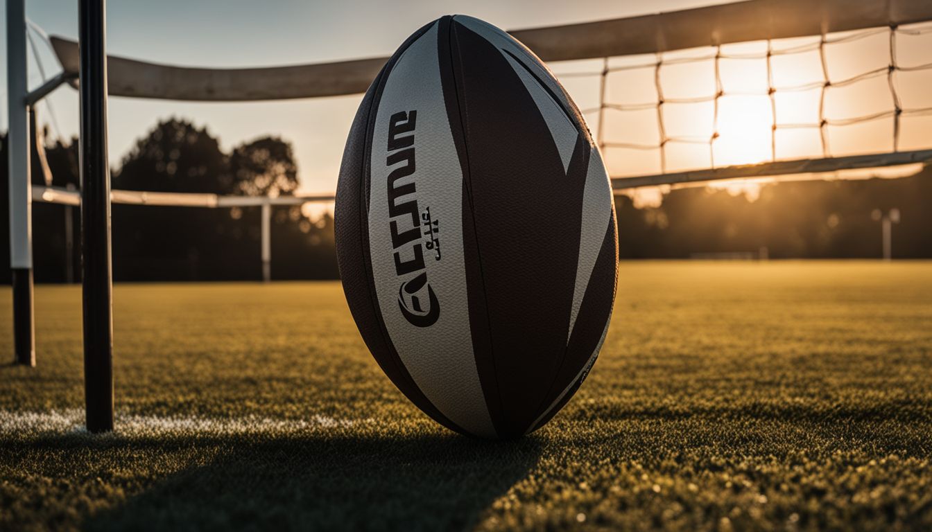 A rugby ball on a field at sunset with goalposts in the background.