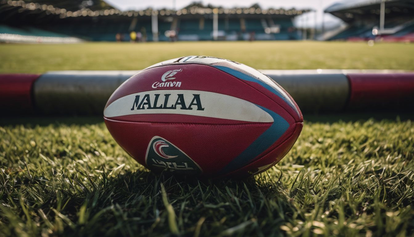 Close-up of a rugby ball on grass with stadium in the background.