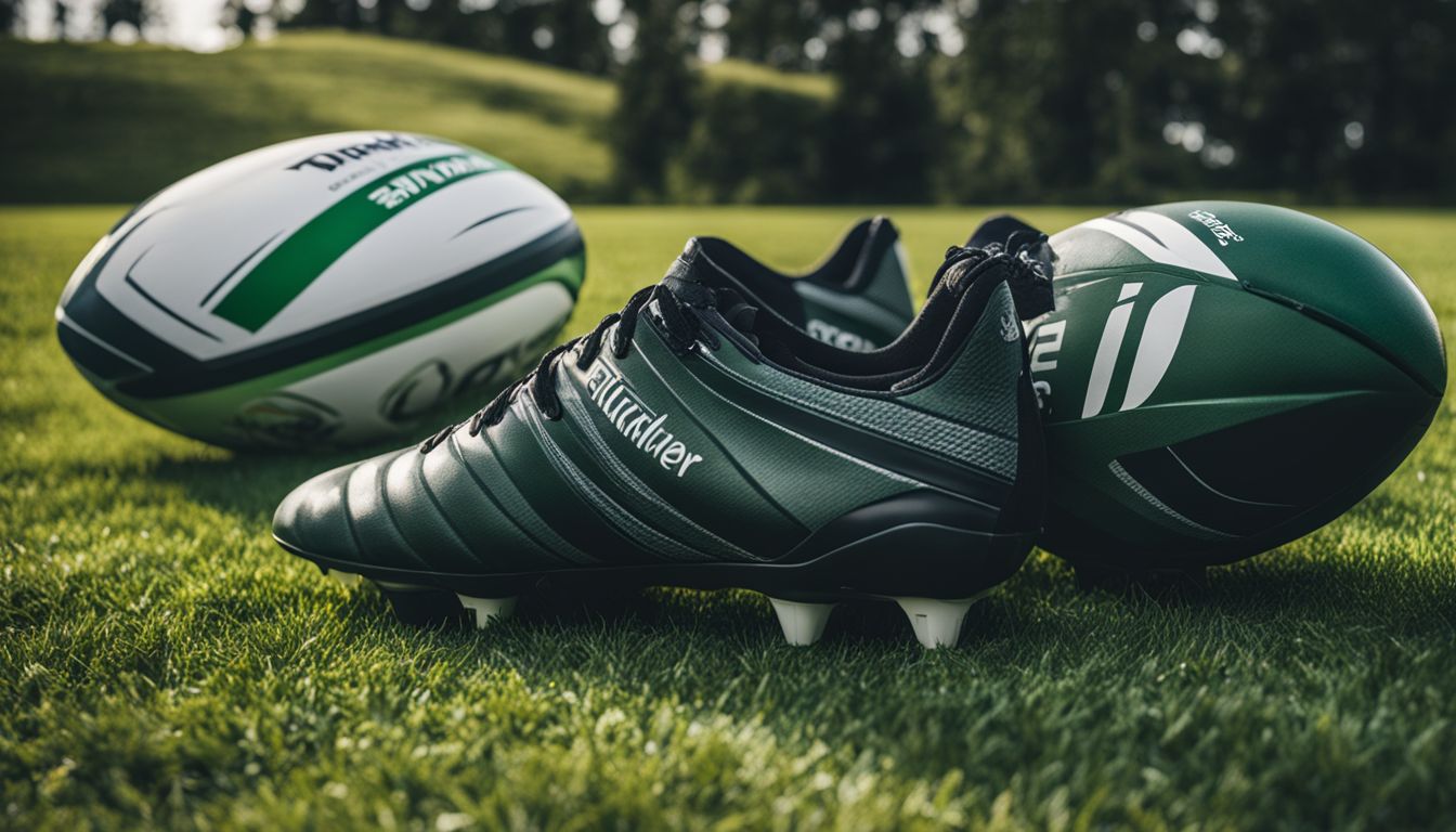 A pair of rugby shoes next to a rugby ball on grass.