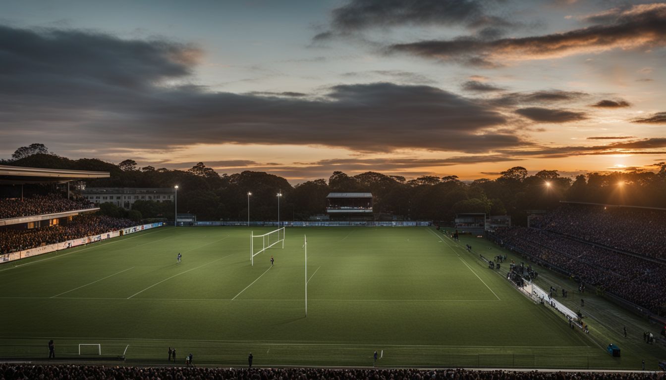Sunset over a crowded stadium during a sports event.